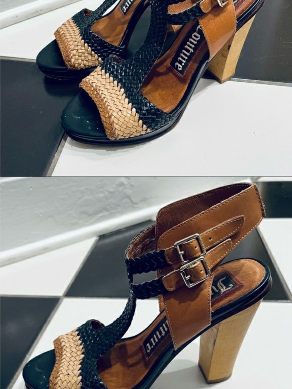 Juicy Couture Black and Brown Woven Leather Block Heel Sandals